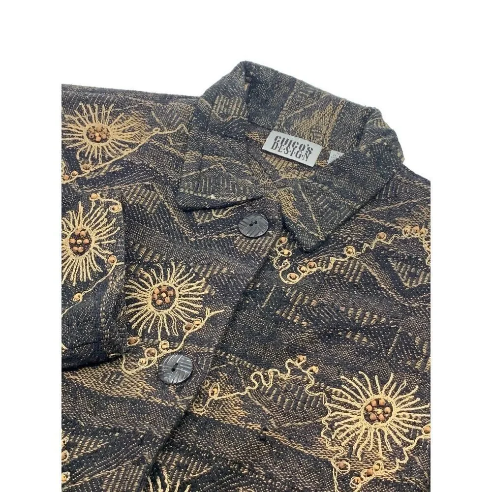 Chico's Design LS Button Front‎ Silk Blend Jacket Black/Tan Beaded Embroidered M